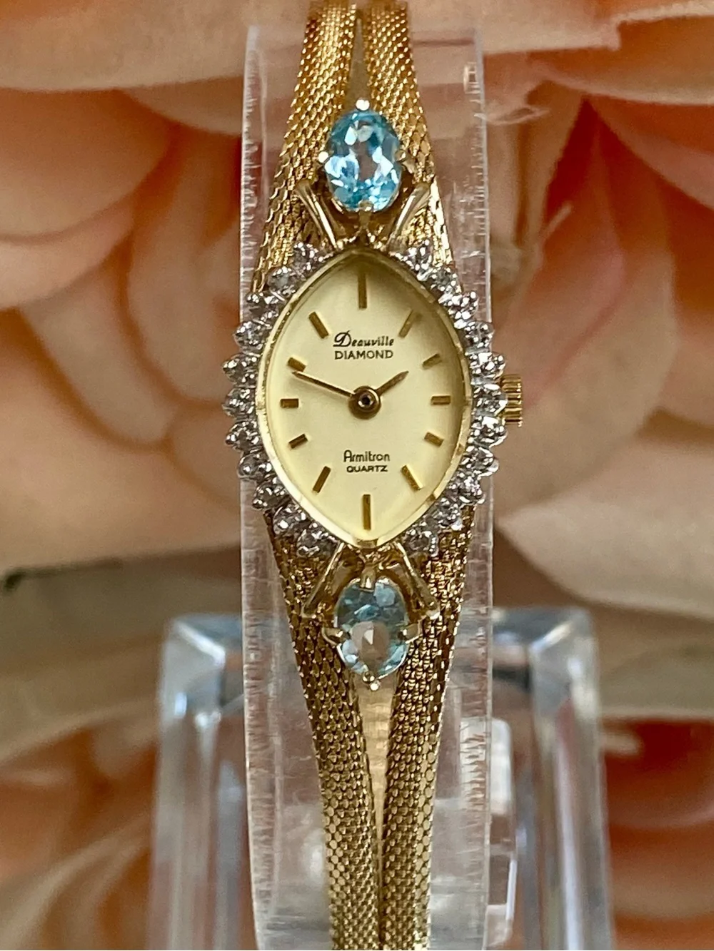 Vintage Deauville Diamond & Blue Topaz Accented Bezel Dainty Cocktail Watch